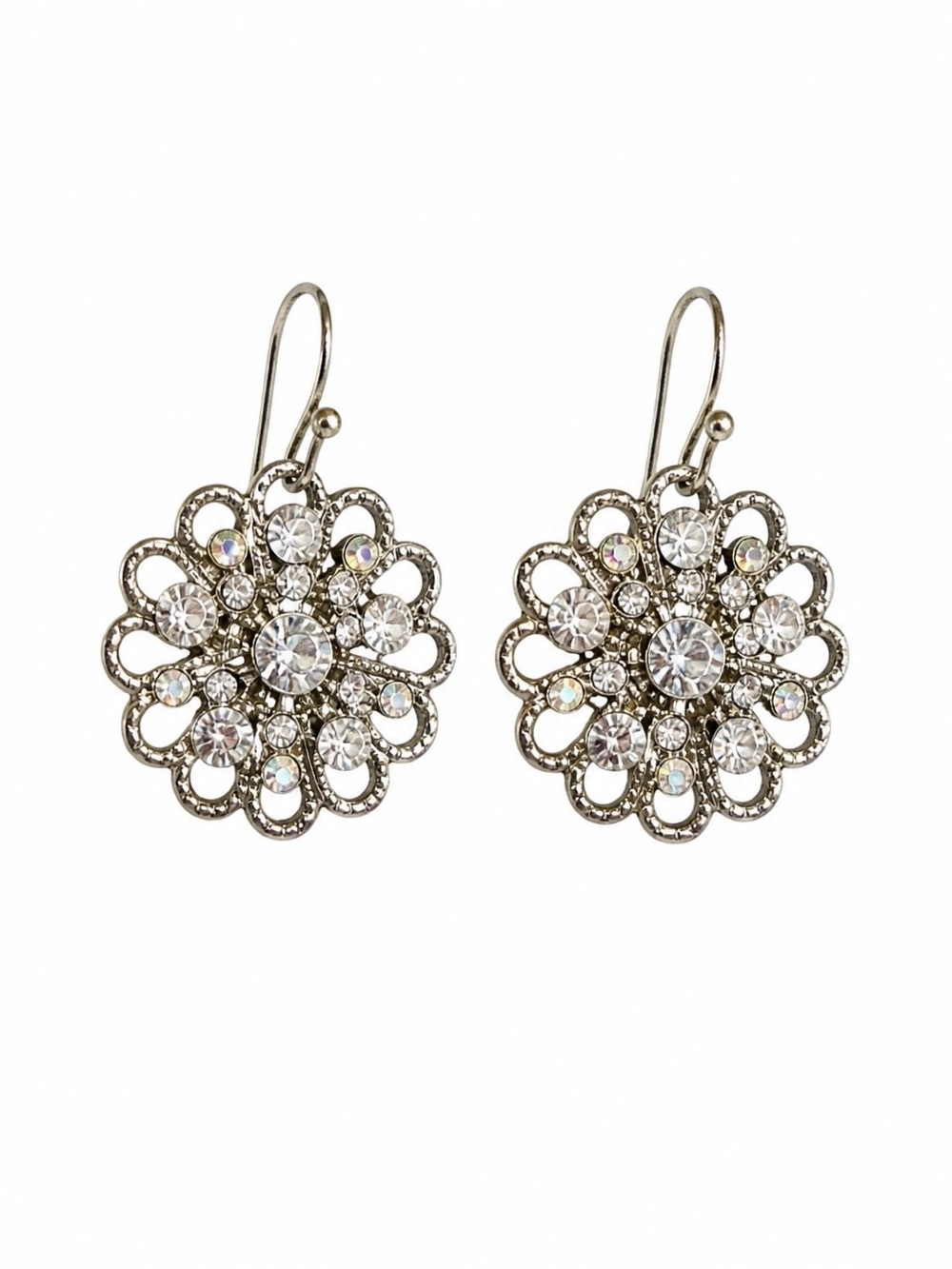 Crystal Flower Drop Earrings - Silver Tone